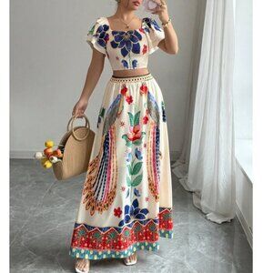 Boho Floral Print Stretchy Waist Smocked Cropped Top Skirt Set